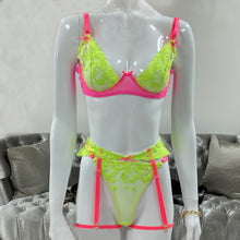Load image into Gallery viewer, 4 Pieces Set Women Sexy Neon Lace Embroidery Underwear Garter See-Through Erotic Costumes Sensual Lingerie Exotic Underwire Suit