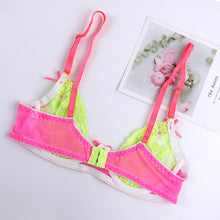 Load image into Gallery viewer, 4 Pieces Set Women Sexy Neon Lace Embroidery Underwear Garter See-Through Erotic Costumes Sensual Lingerie Exotic Underwire Suit