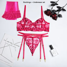 Load image into Gallery viewer, 4 Pieces Women Sexy Floral Embroider Underwear See-Through Erotic Costumes Bra and Thong Sensual Lingerie Exotic Underwire Set
