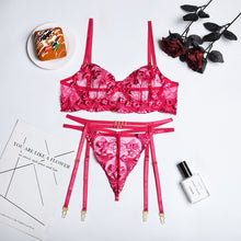 Load image into Gallery viewer, 4 Pieces Women Sexy Floral Embroider Underwear See-Through Erotic Costumes Bra and Thong Sensual Lingerie Exotic Underwire Set