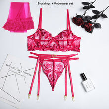 Load image into Gallery viewer, 4 Pieces Women Sexy Floral Embroider Underwear See-Through Erotic Costumes Bra and Thong Sensual Lingerie Exotic Underwire Set
