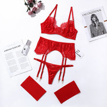 Load image into Gallery viewer, 4 Pieces Women Sexy Lingerie Eyelash Lace Mesh Underwear Perspective Bra and Panty Set Garters Sensual Erotic Temptation Set
