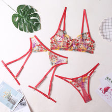 Load image into Gallery viewer, 4 Pieces Women Sexy Lingerie Yellow Garden Floral Embroidery Underwear Perspective Bra Garters Sensual Erotic Temptation Set