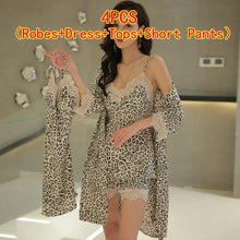 Load image into Gallery viewer, 4PCS Silk Satin Sexy Lace Lingerie Nightgowns Robes Sets For Women Summer Leopard Bathrobe Sleepwear Suit Nightdress Night Dress