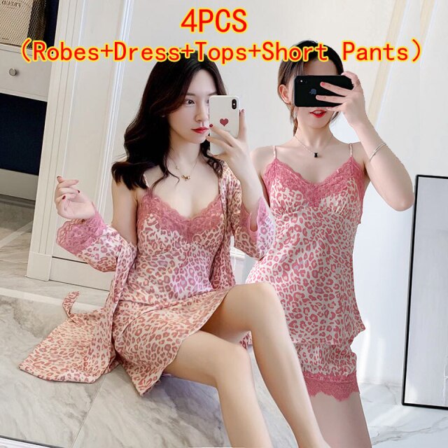 4PCS Silk Satin Sexy Lace Lingerie Nightgowns Robes Sets For Women Summer Leopard Bathrobe Sleepwear Suit Nightdress Night Dress
