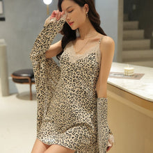 Load image into Gallery viewer, 4PCS Silk Satin Sexy Lace Lingerie Nightgowns Robes Sets For Women Summer Leopard Bathrobe Sleepwear Suit Nightdress Night Dress