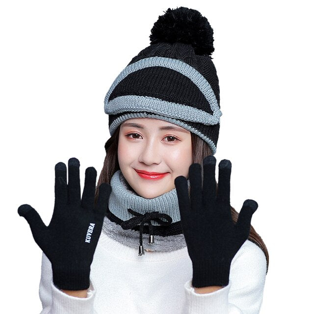 4PCS Women's Winter Cap Scarves Sets Neck Warm Scarf Cute Knitted Hat Gloves Set Skiing Warm Suit Christmas New Year Gifts