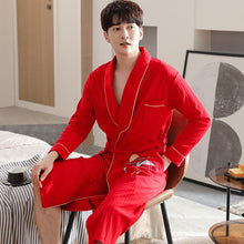Load image into Gallery viewer, 4XL Autumn Bathrobe Couples Cotton Kimono Wedding Festive Red Robes For Male Soild Long Bath Robe Bride Robe Dressing Gown
