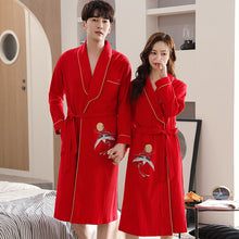Load image into Gallery viewer, 4XL Autumn Bathrobe Couples Cotton Kimono Wedding Festive Red Robes For Male Soild Long Bath Robe Bride Robe Dressing Gown