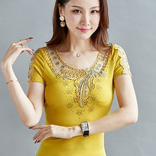 Load image into Gallery viewer, 4XL Plus Size Women&#39;s shirt Fashion Short Sleeve Summer Tops Elegant Slim Embroidered Diamond T-Shirt Lady Tees Blusas