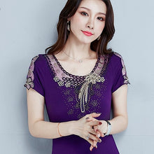 Load image into Gallery viewer, 4XL Plus Size Women&#39;s shirt Fashion Short Sleeve Summer Tops Elegant Slim Embroidered Diamond T-Shirt Lady Tees Blusas