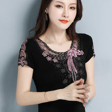 Load image into Gallery viewer, 4XL Plus Size Women&#39;s shirt Fashion Short Sleeve Summer Tops Elegant Slim Embroidered Diamond T-Shirt Lady Tees Blusas