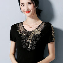 Load image into Gallery viewer, 4XL Plus Size Women&#39;s shirt Fashion Short Sleeve Summer Tops Elegant Slim Embroidered Diamond T-Shirt Lady Tees Blusas