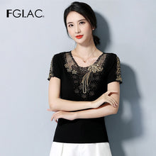 Load image into Gallery viewer, 4XL Plus Size Women&#39;s shirt Fashion Short Sleeve Summer Tops Elegant Slim Embroidered Diamond T-Shirt Lady Tees Blusas