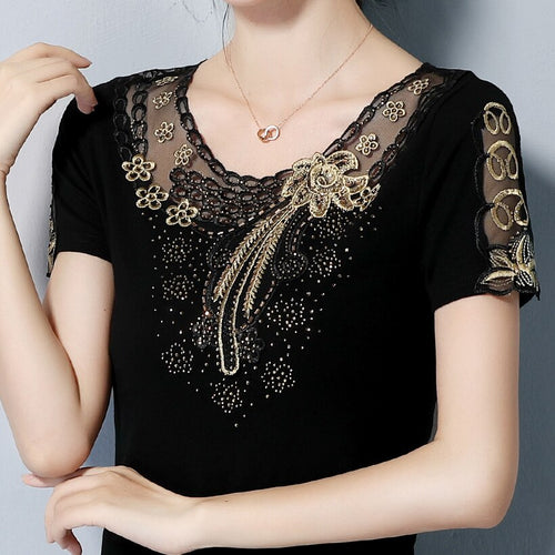 4XL Plus Size Women's shirt Fashion Short Sleeve Summer Tops Elegant Slim Embroidered Diamond T-Shirt Lady Tees Blusas