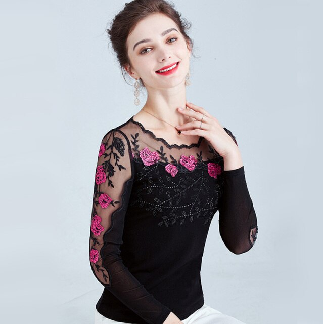 4XL Plus size women tops New 2020 Spring Long sleeve embroidered Mesh shirt Elegnat Slim women blouse shirt