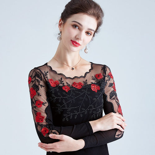 4XL Plus size women tops New 2020 Spring Long sleeve embroidered Mesh shirt Elegnat Slim women blouse shirt