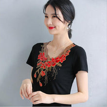 Load image into Gallery viewer, 4XL Women T-Shirt Fashion Embroidered Middle-aged Women&#39;s Tops Korean Short-sleeved Cotton T-shirt plus size Women shirt
