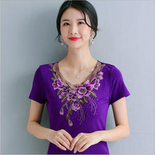 Load image into Gallery viewer, 4XL Women T-Shirt Fashion Embroidered Middle-aged Women&#39;s Tops Korean Short-sleeved Cotton T-shirt plus size Women shirt