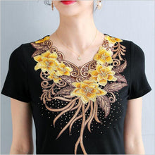 Load image into Gallery viewer, 4XL blusas mujer de moda 2021 summer Short Sleeve Mesh Tops Fashion Elegant Slim Flower Embroidery Women&#39;s tshirt