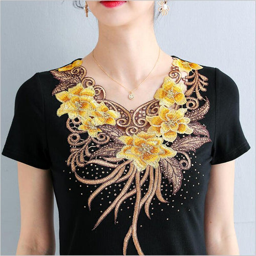 4XL blusas mujer de moda 2021 summer Short Sleeve Mesh Tops Fashion Elegant Slim Flower Embroidery Women's tshirt