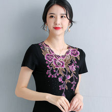 Load image into Gallery viewer, 4XL blusas mujer de moda 2021 summer Short Sleeve Mesh Tops Fashion Elegant Slim Flower Embroidery Women&#39;s tshirt