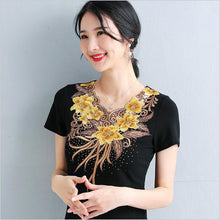 Load image into Gallery viewer, 4XL blusas mujer de moda 2021 summer Short Sleeve Mesh Tops Fashion Elegant Slim Flower Embroidery Women&#39;s tshirt
