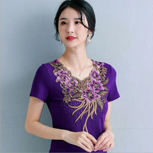 Load image into Gallery viewer, 4XL blusas mujer de moda 2021 summer Short Sleeve Mesh Tops Fashion Elegant Slim Flower Embroidery Women&#39;s tshirt