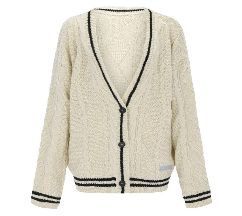 Autumn  Women Beige V-neck Star Embroidery Cardigan Casual Loose Sweater Fashion Temperament Knitted Jacket Y2k Streetwear