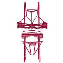 Load image into Gallery viewer, 4pcs Bra Set Sexy Lace Open Bra Crotchless Panty Garter Halter Women Lingerie Set Exquisite Bra+Garter+Briefs Set Dropship