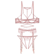 Load image into Gallery viewer, 4pcs Bra Set Sexy Lace Open Bra Crotchless Panty Garter Halter Women Lingerie Set Exquisite Bra+Garter+Briefs Set Dropship