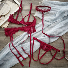 Load image into Gallery viewer, 4pcs Bra Set Sexy Lace Open Bra Crotchless Panty Garter Halter Women Lingerie Set Exquisite Bra+Garter+Briefs Set Dropship