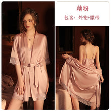 Load image into Gallery viewer, 5 Colors Sexy Deep V Lace Short-sleeved Robe Women Silky Bathrobe Home Pajamas Wedding Evening Dress Robe with Belt Home Clothes