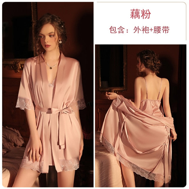 5 Colors Sexy Deep V Lace Short-sleeved Robe Women Silky Bathrobe Home Pajamas Wedding Evening Dress Robe with Belt Home Clothes