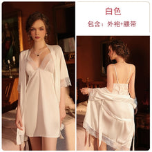 Load image into Gallery viewer, 5 Colors Sexy Deep V Lace Short-sleeved Robe Women Silky Bathrobe Home Pajamas Wedding Evening Dress Robe with Belt Home Clothes