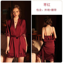 Load image into Gallery viewer, 5 Colors Sexy Deep V Lace Short-sleeved Robe Women Silky Bathrobe Home Pajamas Wedding Evening Dress Robe with Belt Home Clothes