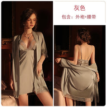 Load image into Gallery viewer, 5 Colors Sexy Deep V Lace Short-sleeved Robe Women Silky Bathrobe Home Pajamas Wedding Evening Dress Robe with Belt Home Clothes