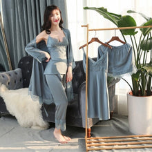 Load image into Gallery viewer, 5 Piece Lace Homewear Suit Pajama Set Pink Bathrobe Silk Nighties Set Sexy V-neck Women Sleepwear Nightwear Pyjamas Women Kimono