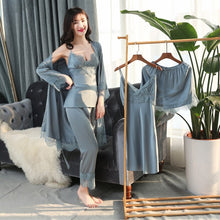 Load image into Gallery viewer, 5 Piece Lace Homewear Suit Pajama Set Pink Bathrobe Silk Nighties Set Sexy V-neck Women Sleepwear Nightwear Pyjamas Women Kimono