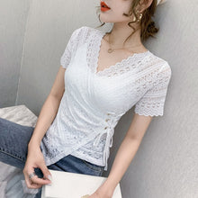 Load image into Gallery viewer, 5XL Women lace tops New 2020 Summer short sleeve v-neck lace shirt Elegant slim sexy hollow out t-shirt for women blusas