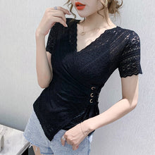 Load image into Gallery viewer, 5XL Women lace tops New 2020 Summer short sleeve v-neck lace shirt Elegant slim sexy hollow out t-shirt for women blusas