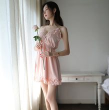 Load image into Gallery viewer, 6 Colors French-style Sexy Strap Satin Nighty Deep V-neck Short Dress Lace Underwear Womens Lingerie Nightgowns Sleepwear