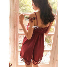 Load image into Gallery viewer, 6 Colors French-style Sexy Strap Satin Nighty Deep V-neck Short Dress Lace Underwear Womens Lingerie Nightgowns Sleepwear