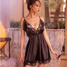 Load image into Gallery viewer, 6 Colors French-style Sexy Strap Satin Nighty Deep V-neck Short Dress Lace Underwear Womens Lingerie Nightgowns Sleepwear