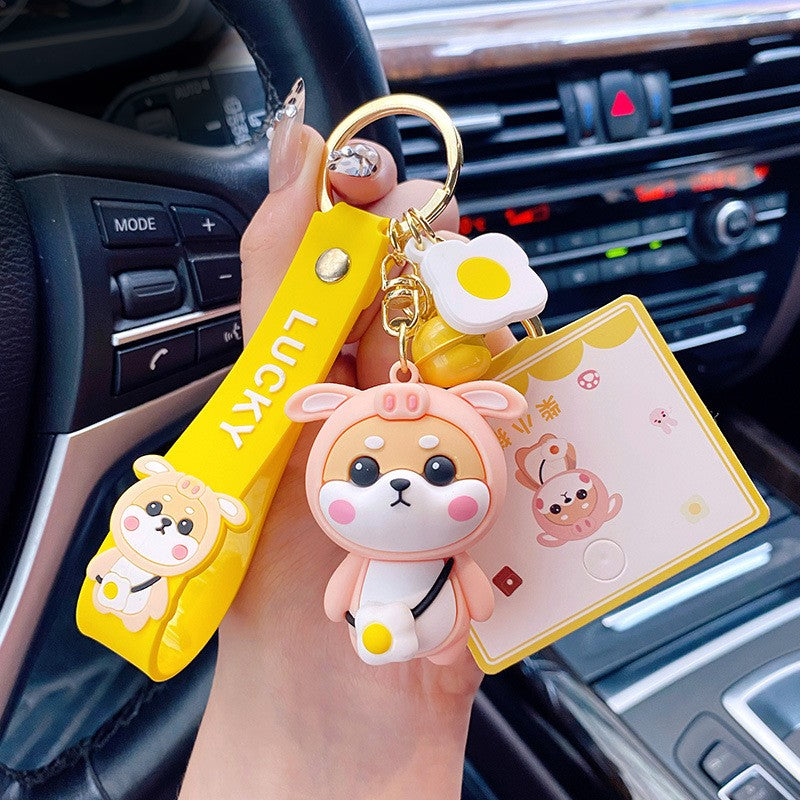 Ladies Girl Cute PVC Shiba Inu Keychain Creative New Year Gift Animal Pendant Car Key Pendant Metal Key Ring