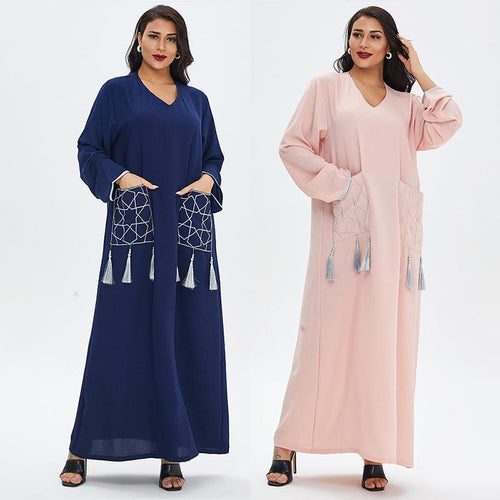 Abaya Dubai  Muslim Summer Casual Female Skirt Middle East Lady Robe Embroidery With Tassels Dress Morocco Fashion Long Shirt