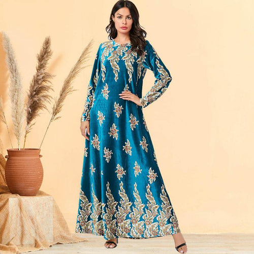 Abaya Kimono Dignified Plus Size Women's Comfortable Gold Velvet Bronzing Plant Print Muslim Long Skirt Habaya Dubai 2021