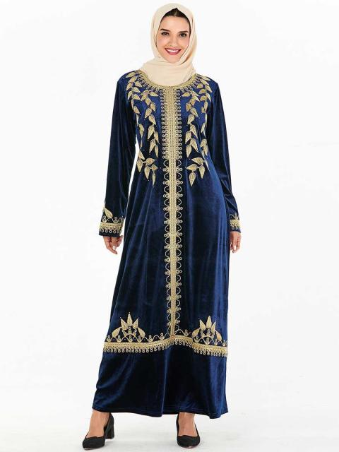 Abaya Muslim Fashion Oversized Size Women's Dark Blue Embroidered Arabic Gold Velvet Dress With Headscarf Moroccan Woman Clothes