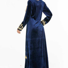 Load image into Gallery viewer, Abaya Muslim Fashion Oversized Size Women&#39;s Dark Blue Embroidered Arabic Gold Velvet Dress With Headscarf Moroccan Woman Clothes