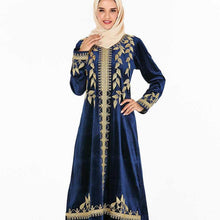 Load image into Gallery viewer, Abaya Muslim Fashion Oversized Size Women&#39;s Dark Blue Embroidered Arabic Gold Velvet Dress With Headscarf Moroccan Woman Clothes